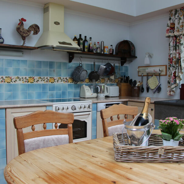 Küche mit Dunstabzug, Esstisch und Sekt im Ferienhaus Vogelsbergblick